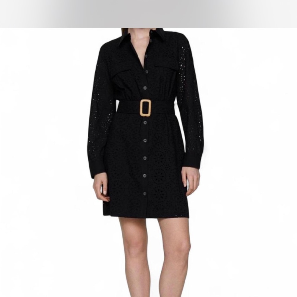 Mango Black Long Sleeve Eyelet Dress